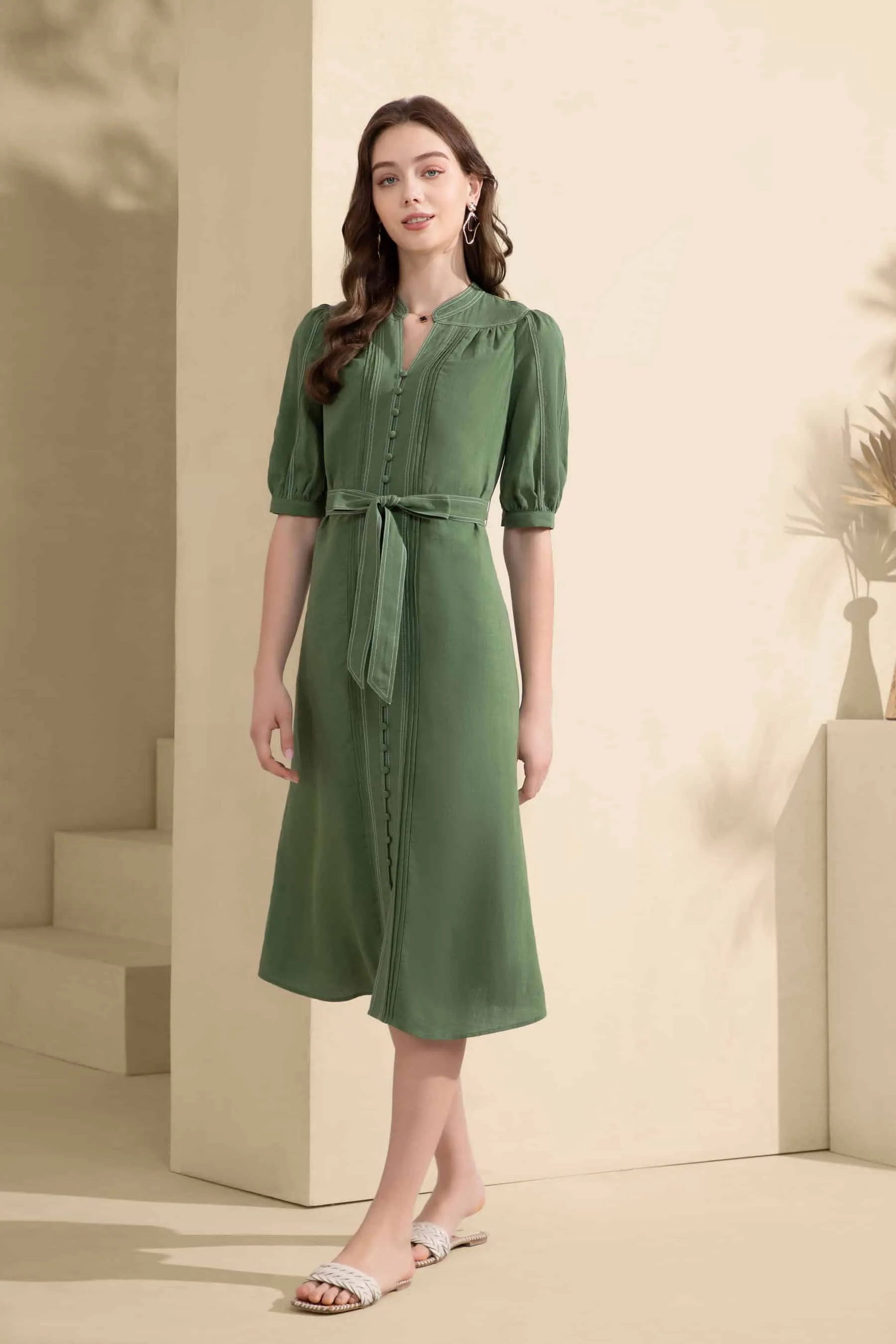 GDS Manhattan Long Linen  Dress |  Green Tambourine