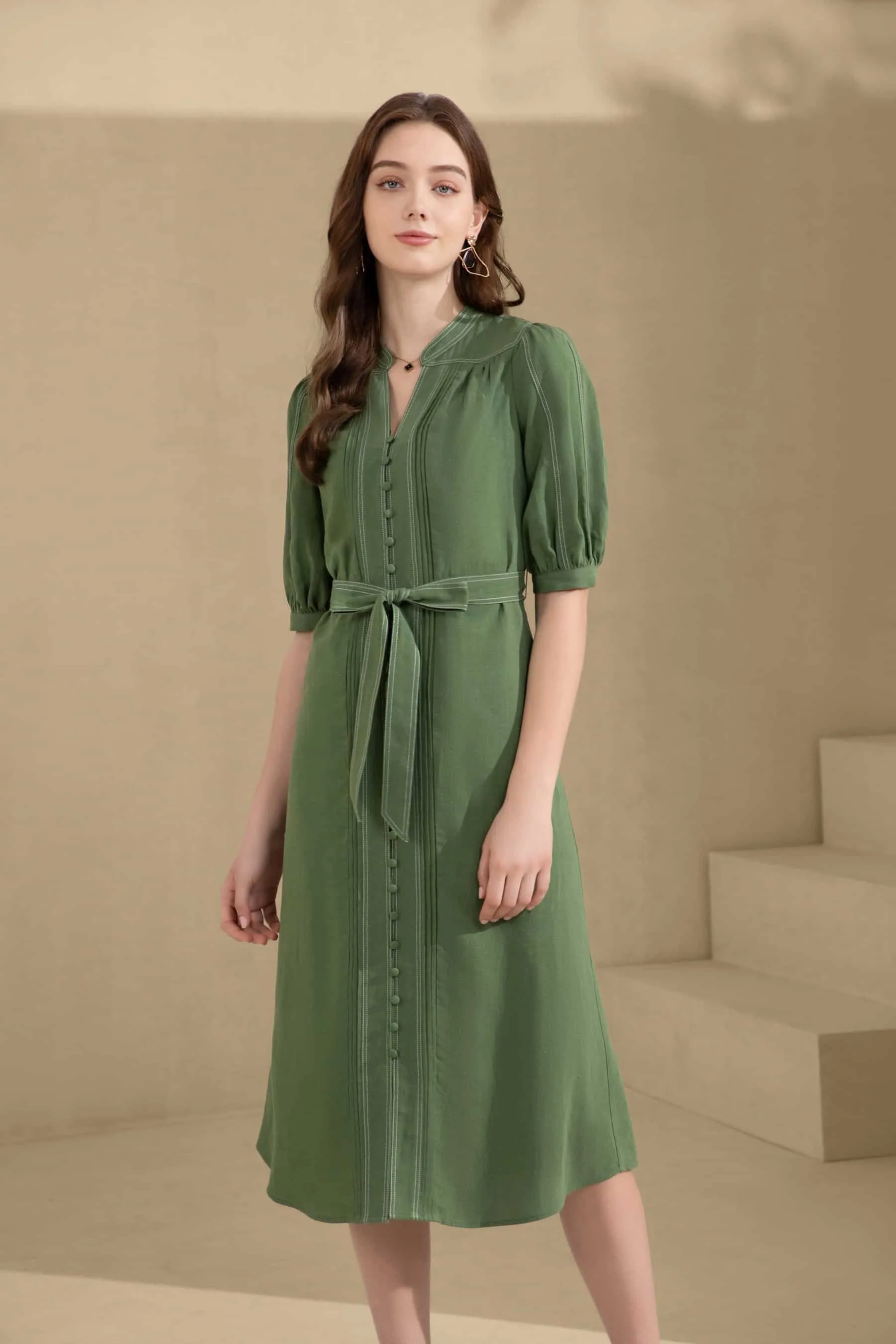 GDS Manhattan Long Linen  Dress |  Green Tambourine