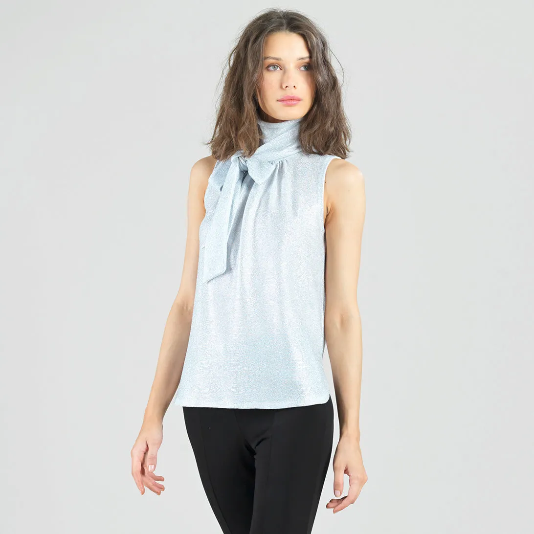 Glitter Foil - Mock Neck-Tie Detail Top - Silver