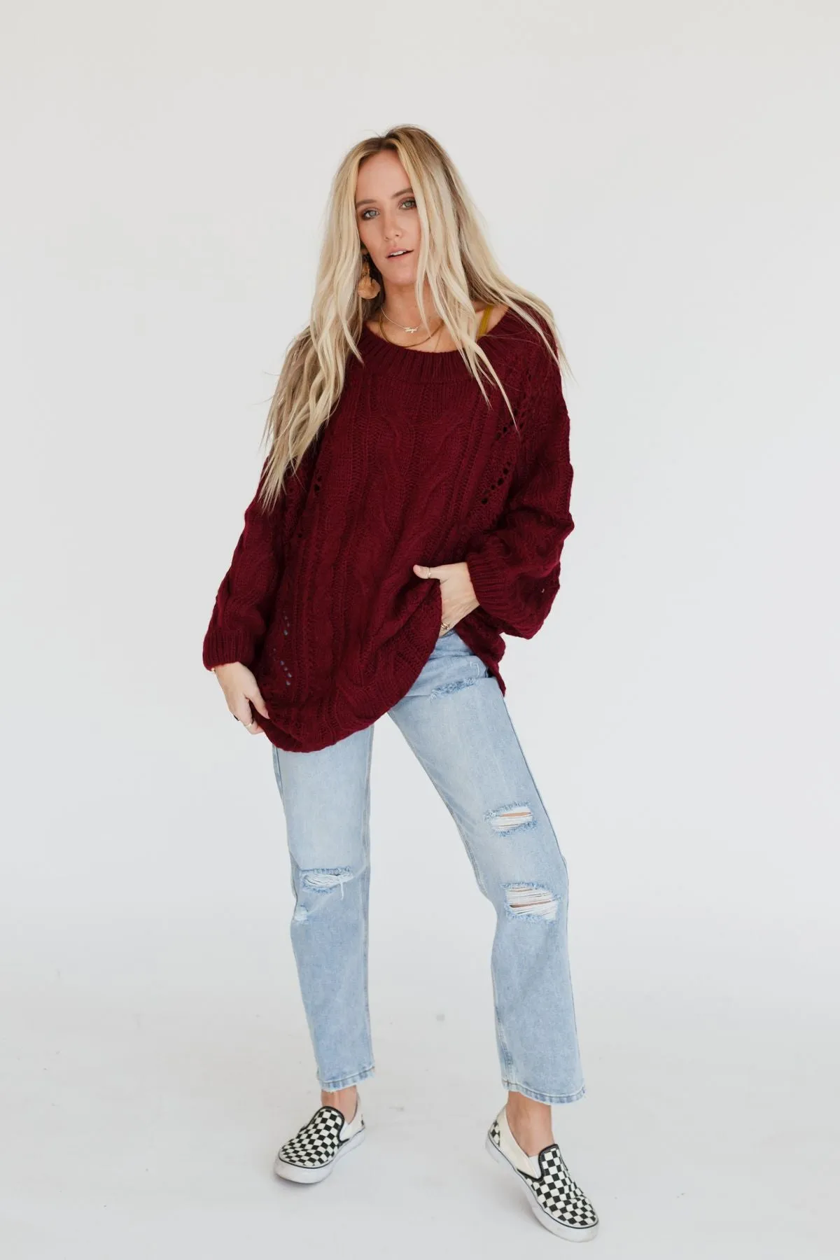 Golden Hour Bubble Sleeve Sweater Dress - Burgundy