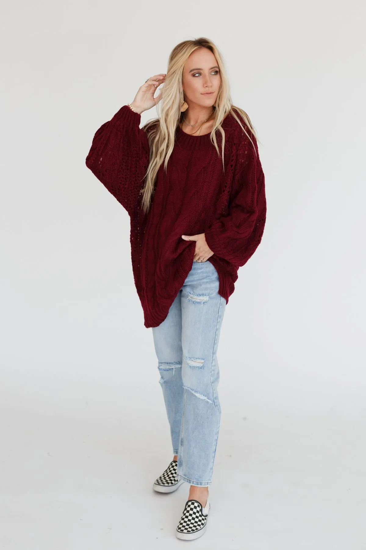 Golden Hour Bubble Sleeve Sweater Dress - Burgundy