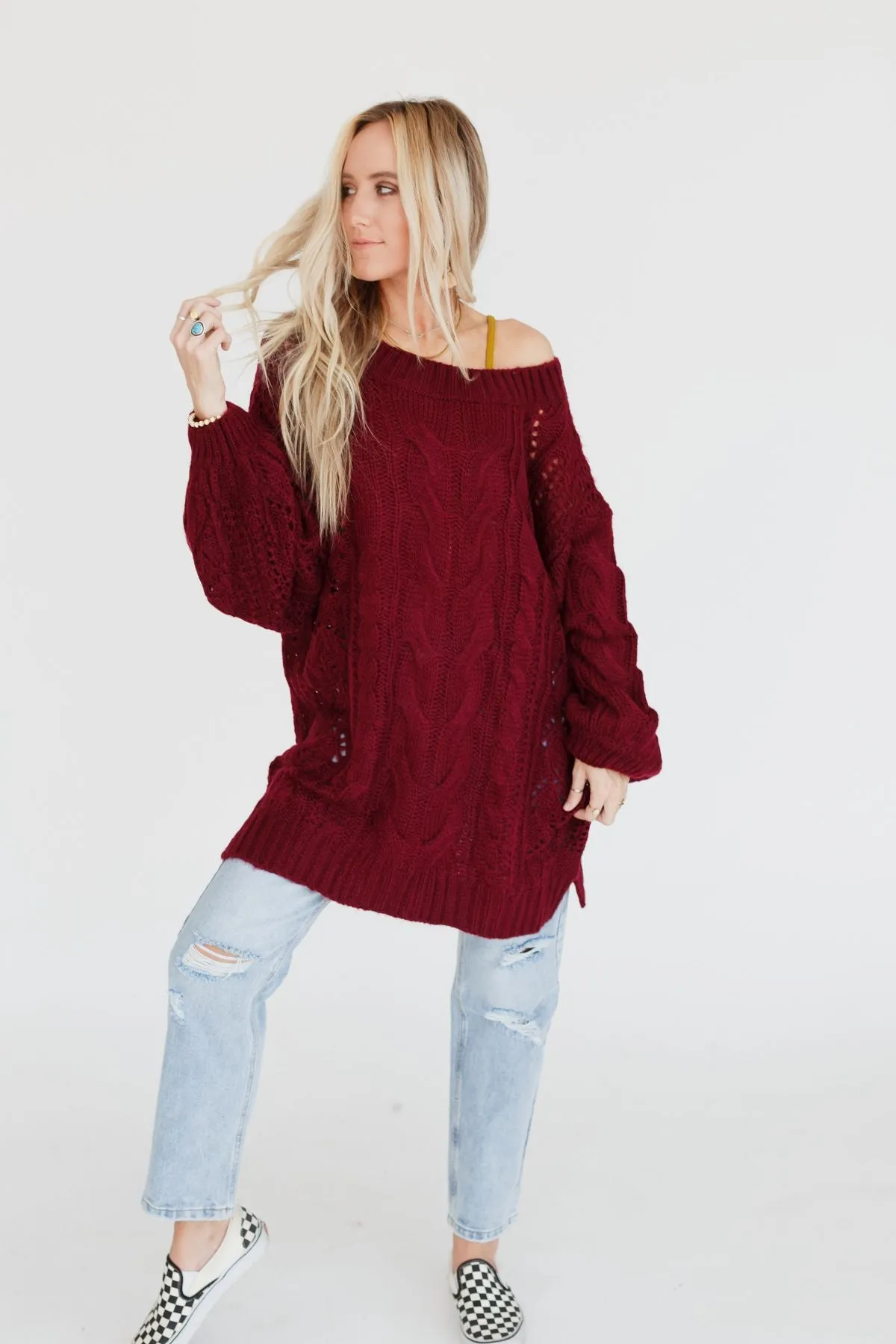 Golden Hour Bubble Sleeve Sweater Dress - Burgundy