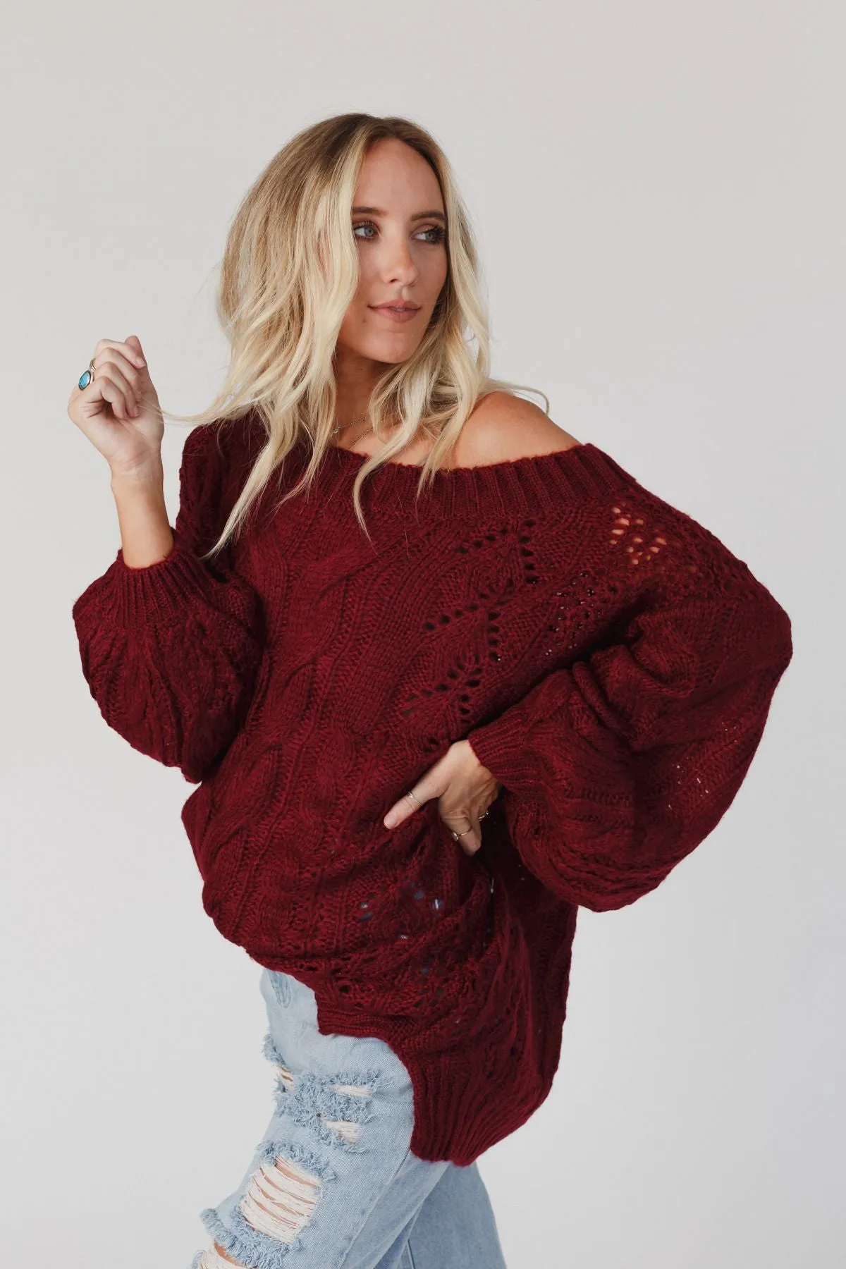 Golden Hour Bubble Sleeve Sweater Dress - Burgundy