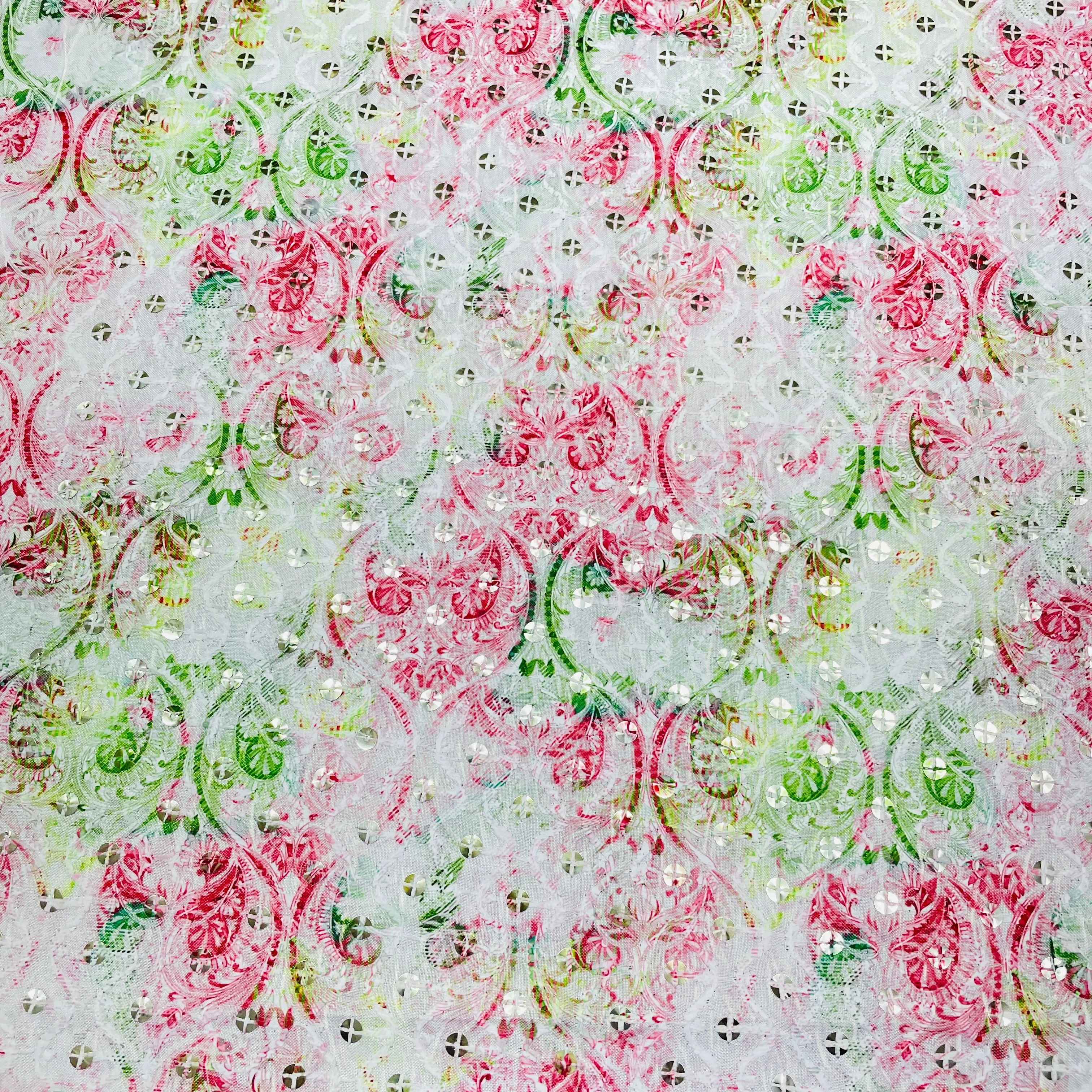 Green & Red Floral Sequins Thread Embroidery Blended Cotton Fabric