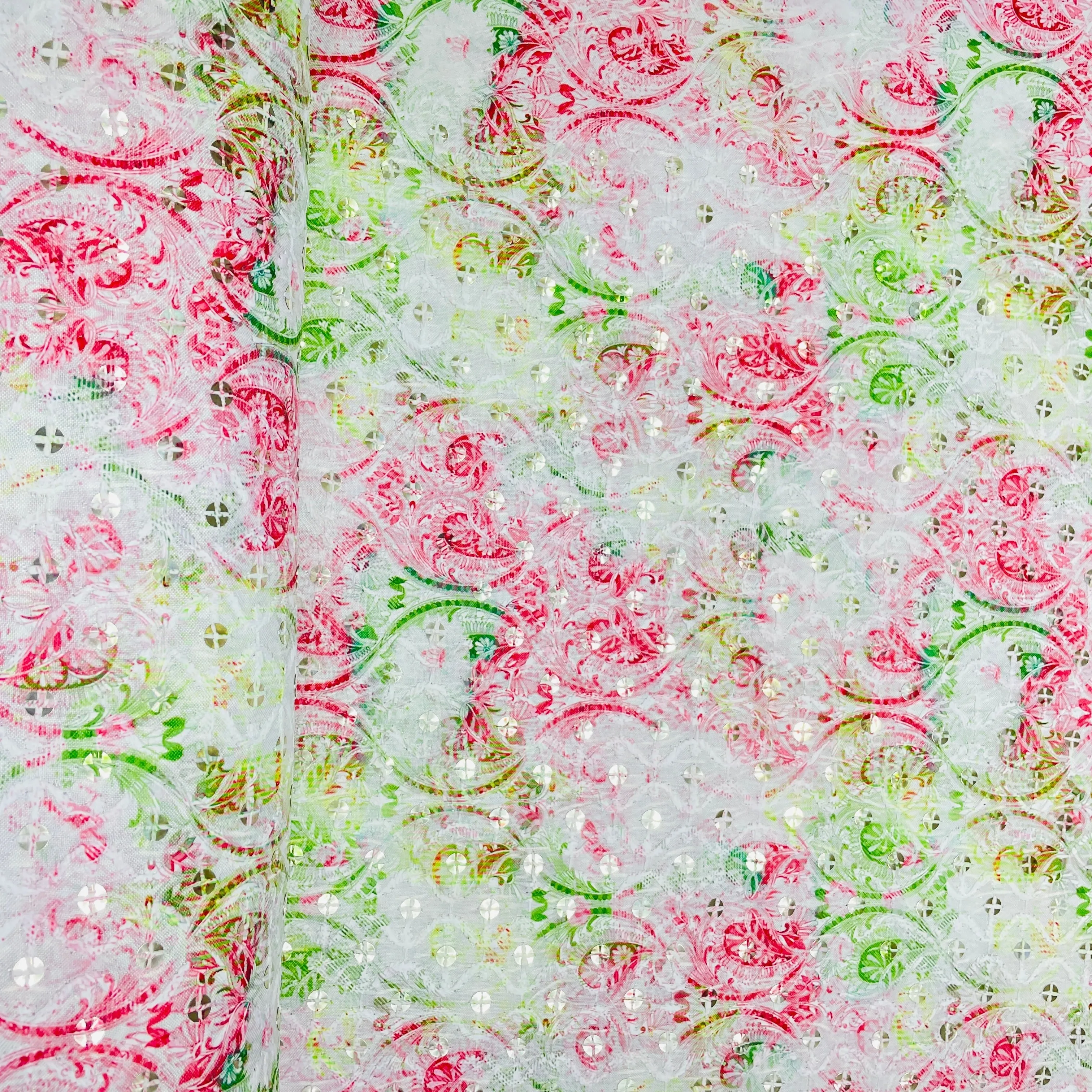 Green & Red Floral Sequins Thread Embroidery Blended Cotton Fabric