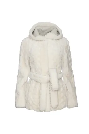 Grooved Shearling Jacket w/ Hood  - Ivory