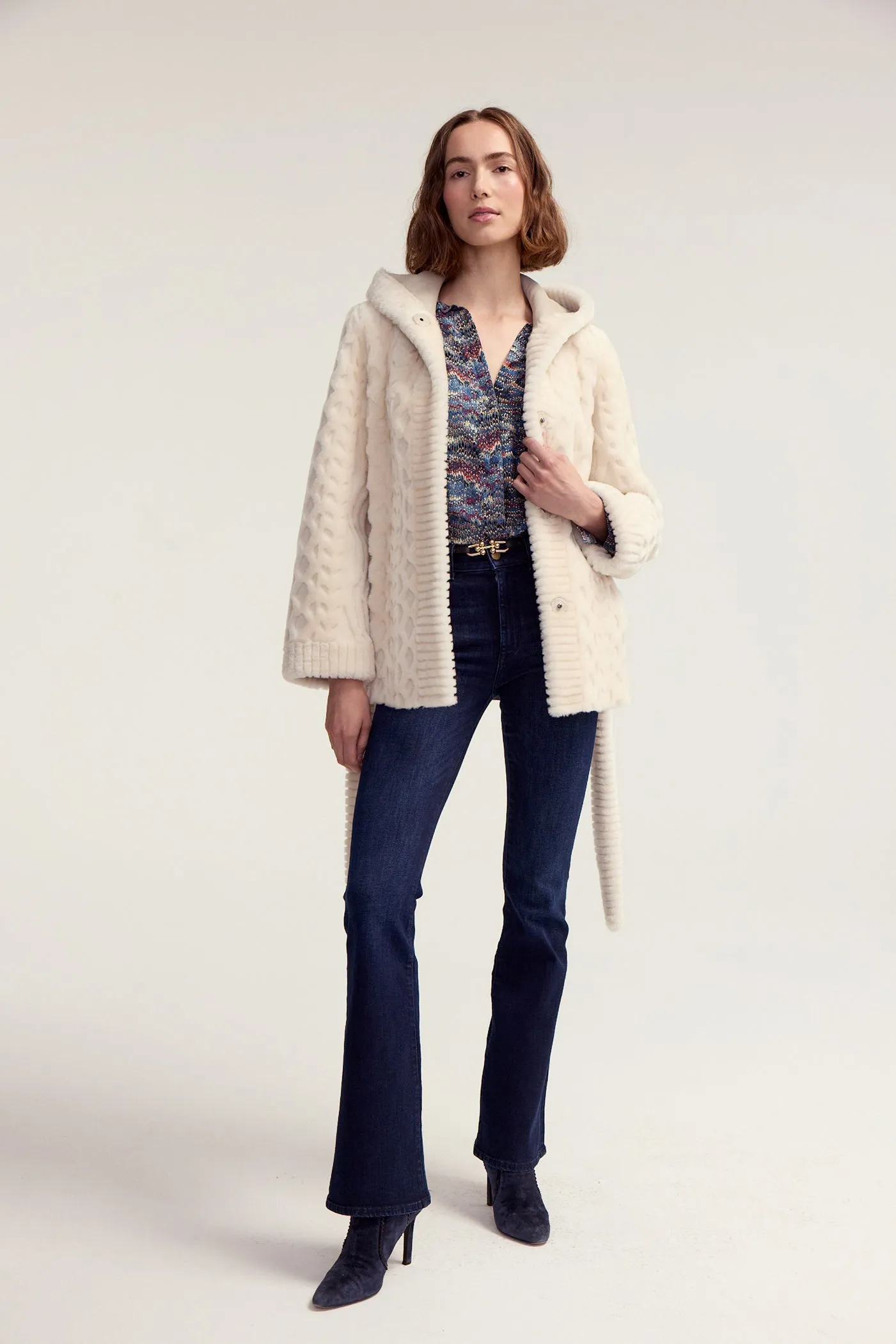 Grooved Shearling Jacket w/ Hood  - Ivory