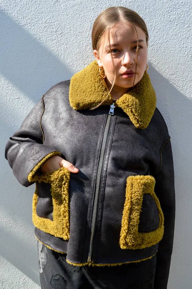 Jakke Vera Black Avocado Shearling Aviator Jacket