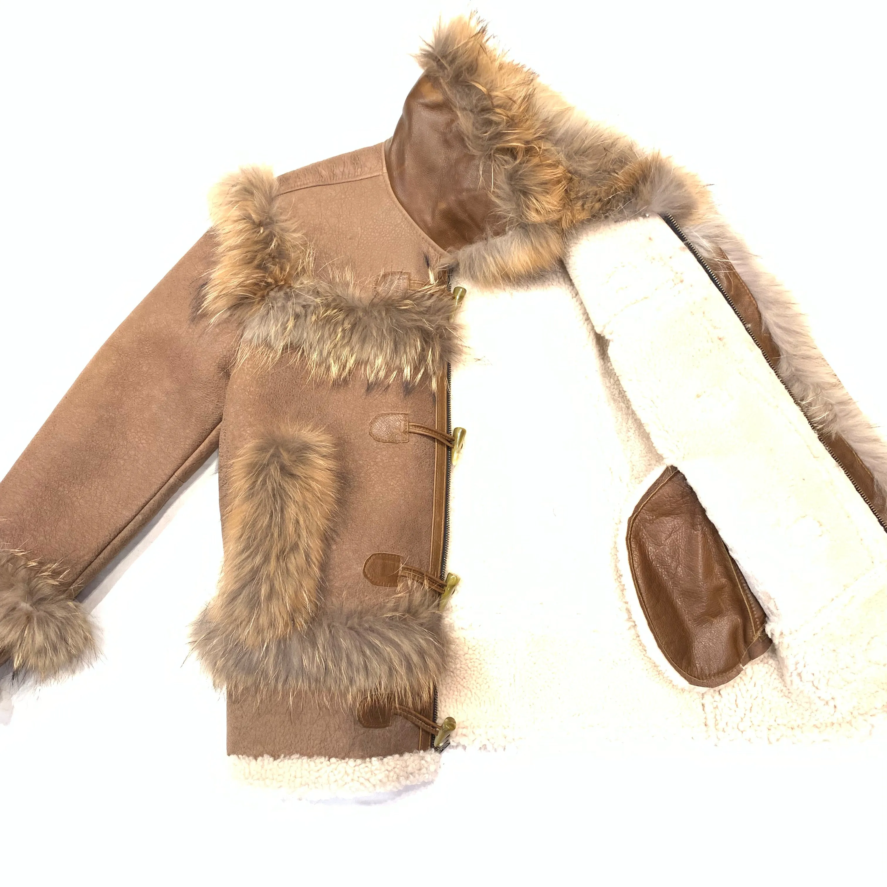 Kashani Cocoa Fluffy Red Fox Lined Shearling Jacket