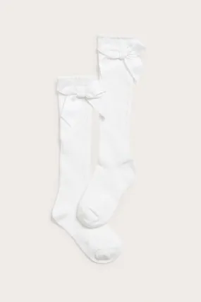 Kids white knee-high bow socks