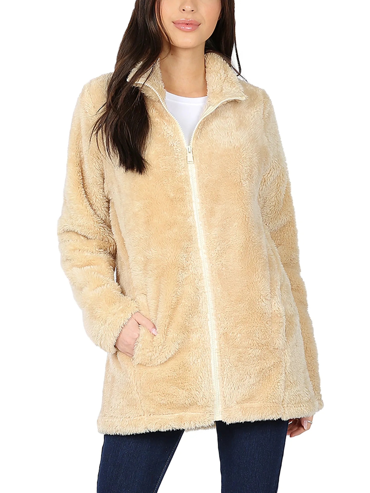 KOGMO Women's Soft Faux Fur Zip Up Jacket with Pockets Relaxed Fit