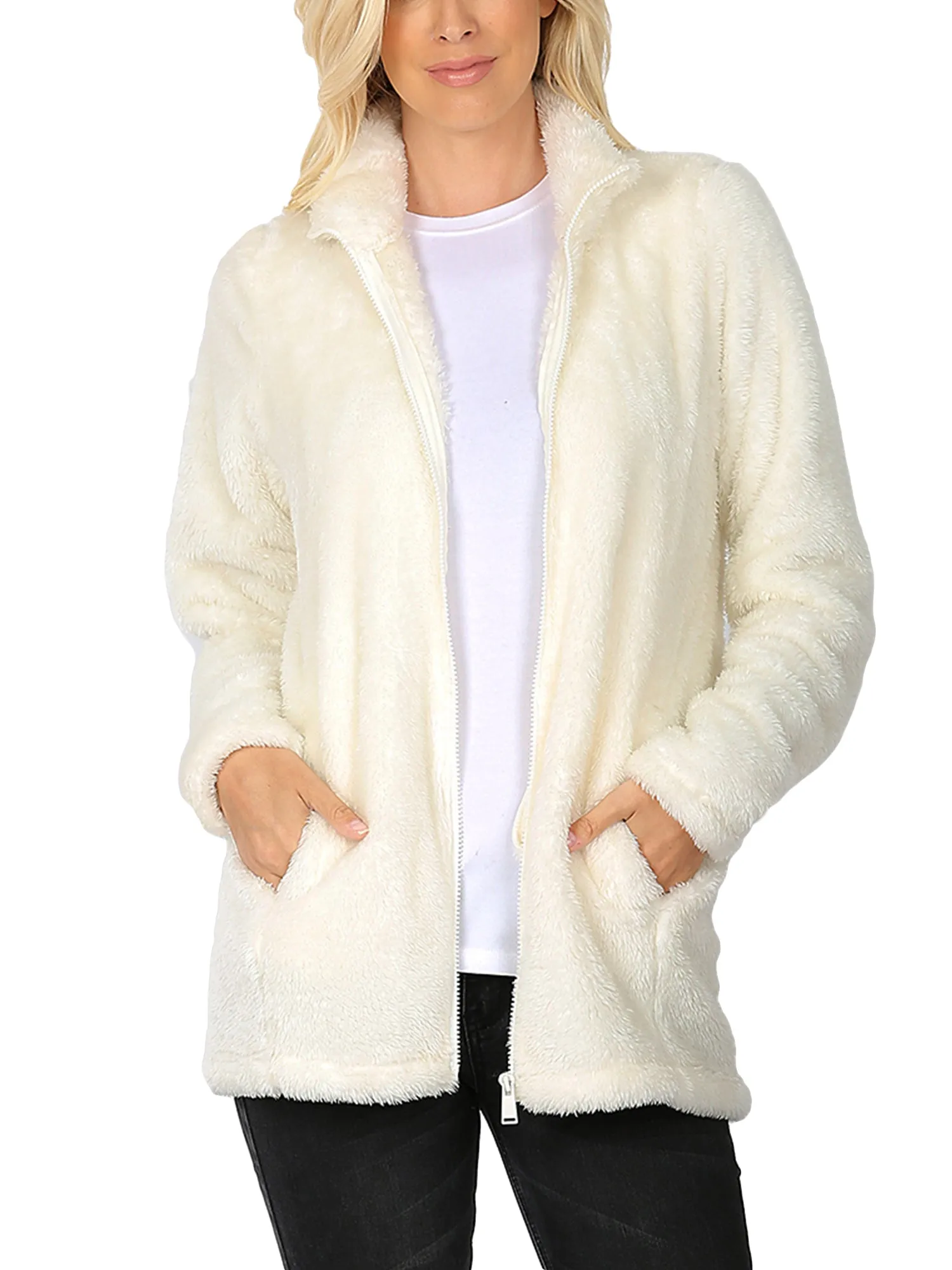 KOGMO Women's Soft Faux Fur Zip Up Jacket with Pockets Relaxed Fit