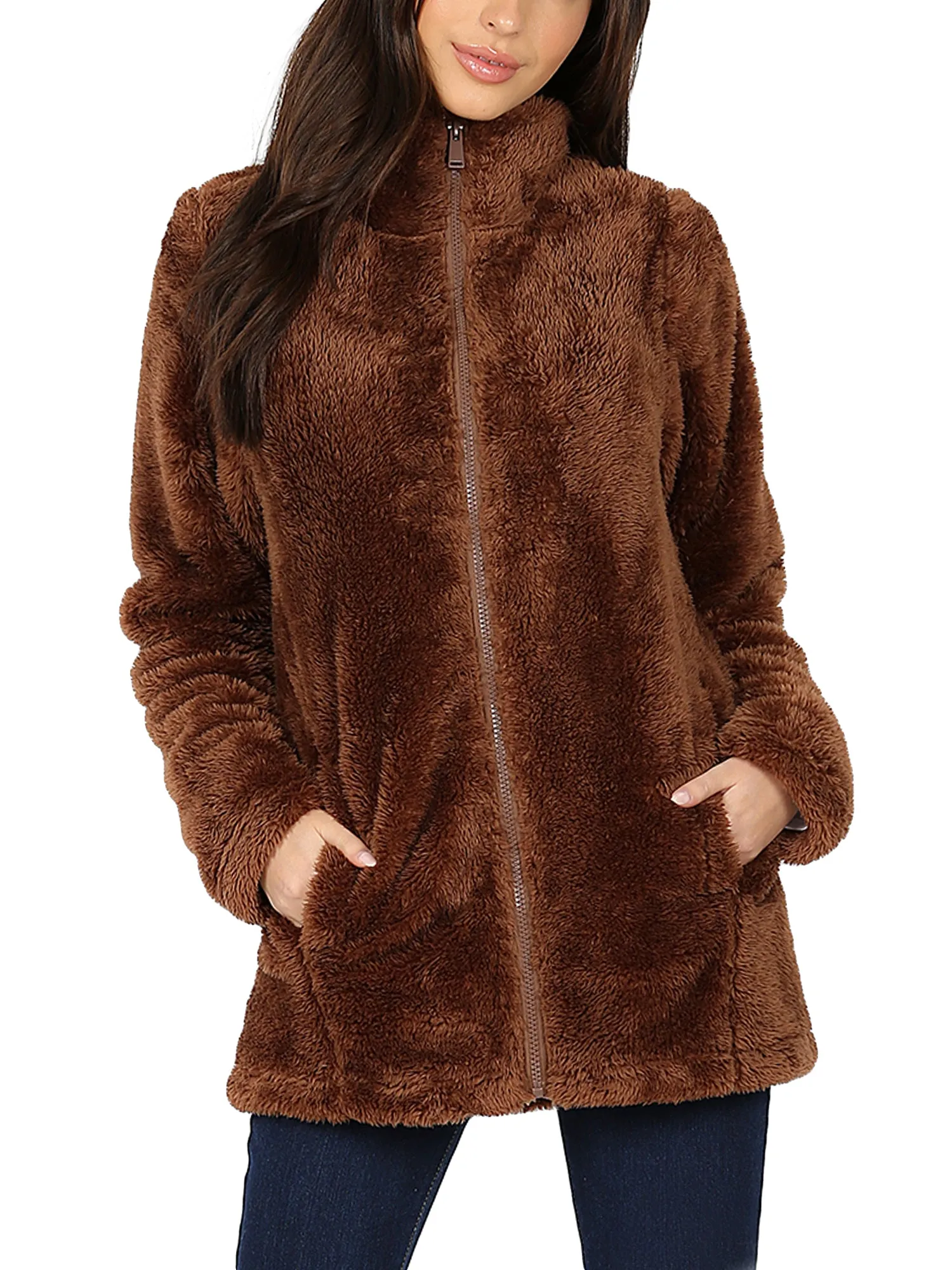 KOGMO Women's Soft Faux Fur Zip Up Jacket with Pockets Relaxed Fit