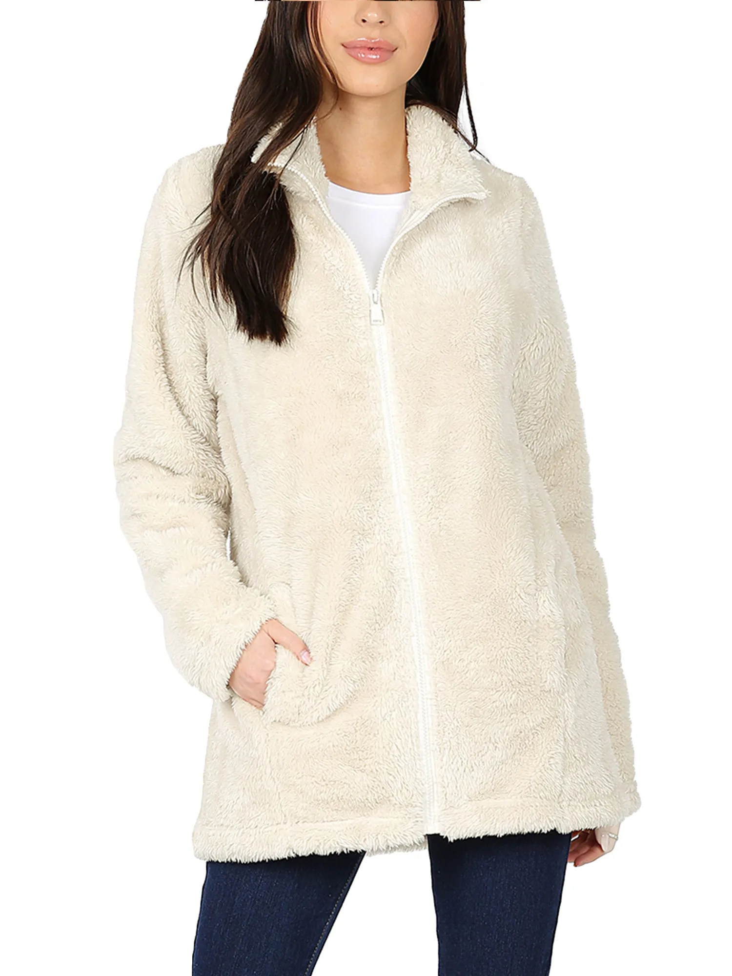 KOGMO Women's Soft Faux Fur Zip Up Jacket with Pockets Relaxed Fit