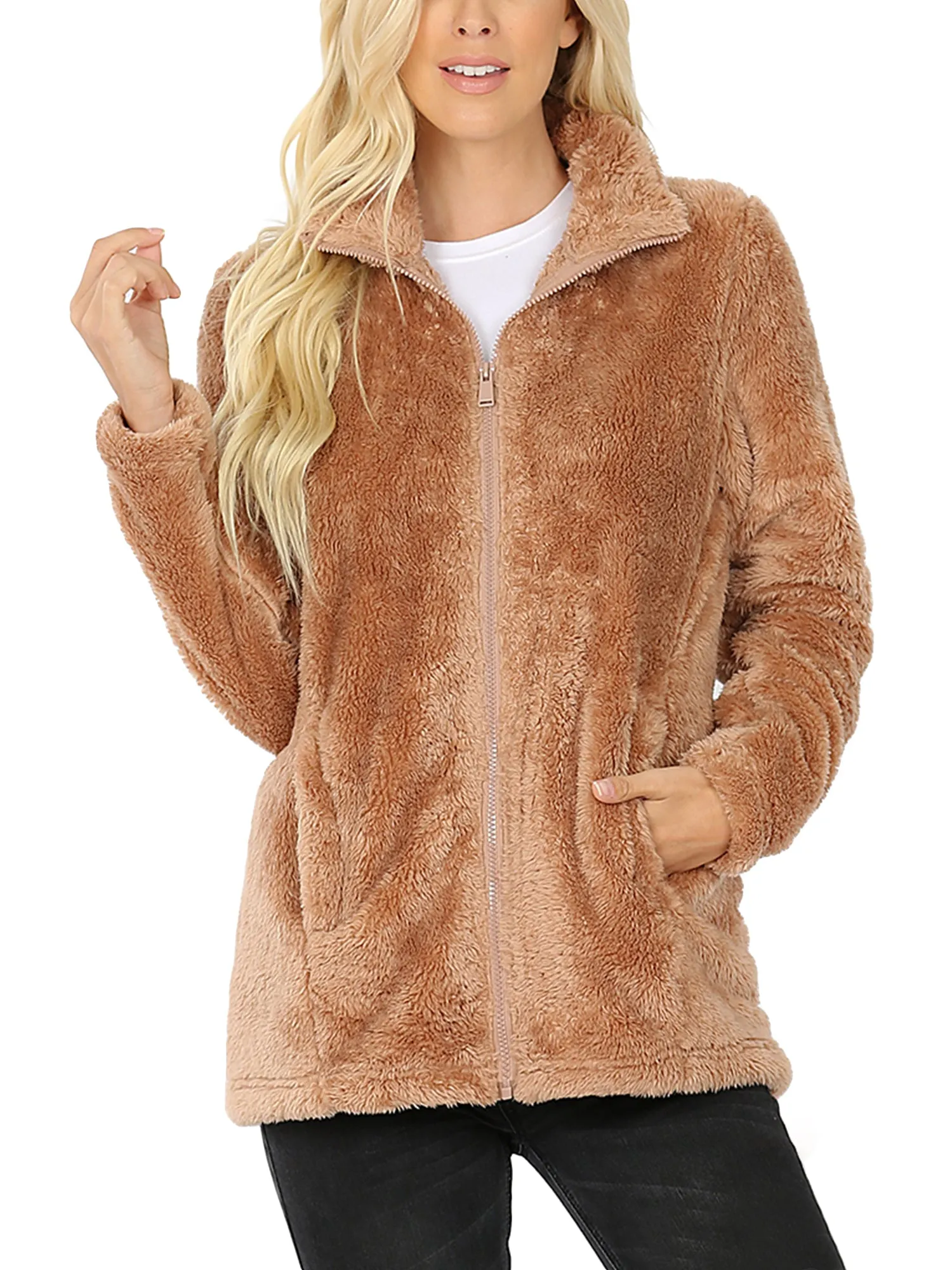 KOGMO Women's Soft Faux Fur Zip Up Jacket with Pockets Relaxed Fit