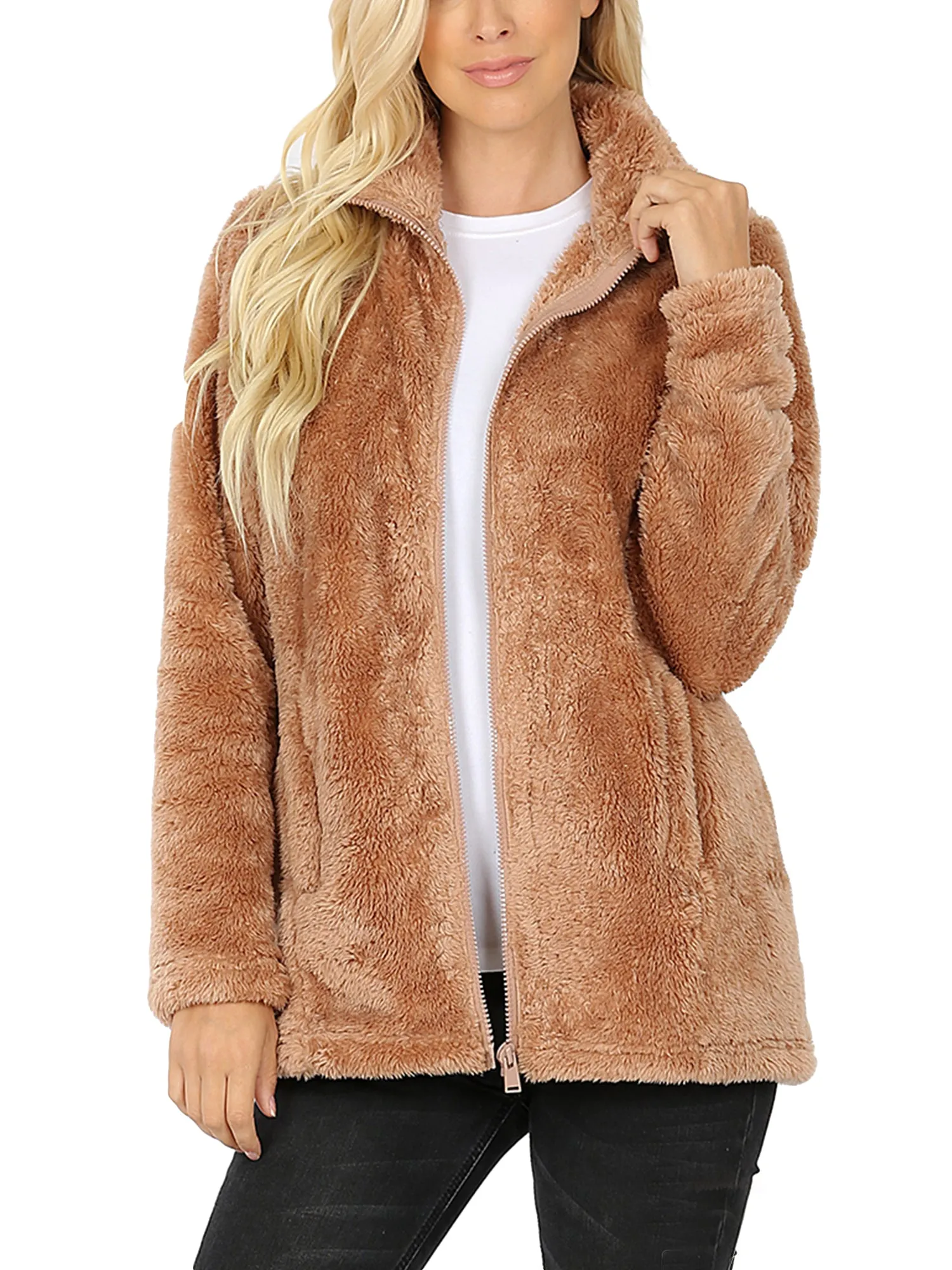 KOGMO Women's Soft Faux Fur Zip Up Jacket with Pockets Relaxed Fit