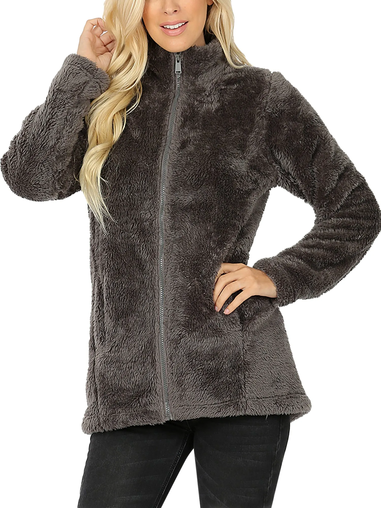 KOGMO Women's Soft Faux Fur Zip Up Jacket with Pockets Relaxed Fit