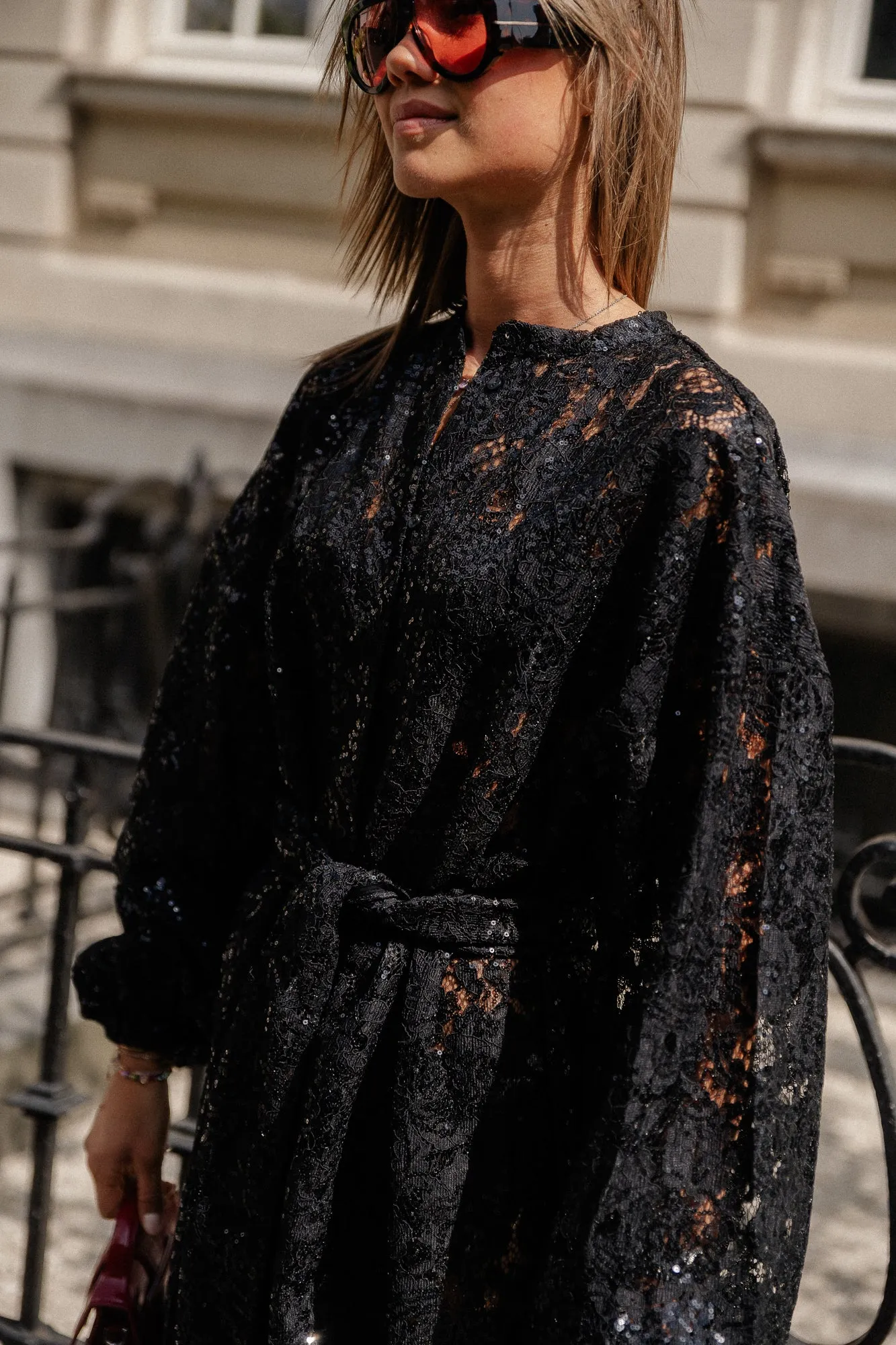 Lace sequins shirt dress black