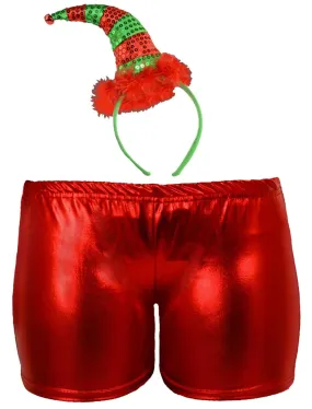 Ladies Christmas Red Metallic Hot Shorts Elf Sequin Headband Xmas Fancy Dress