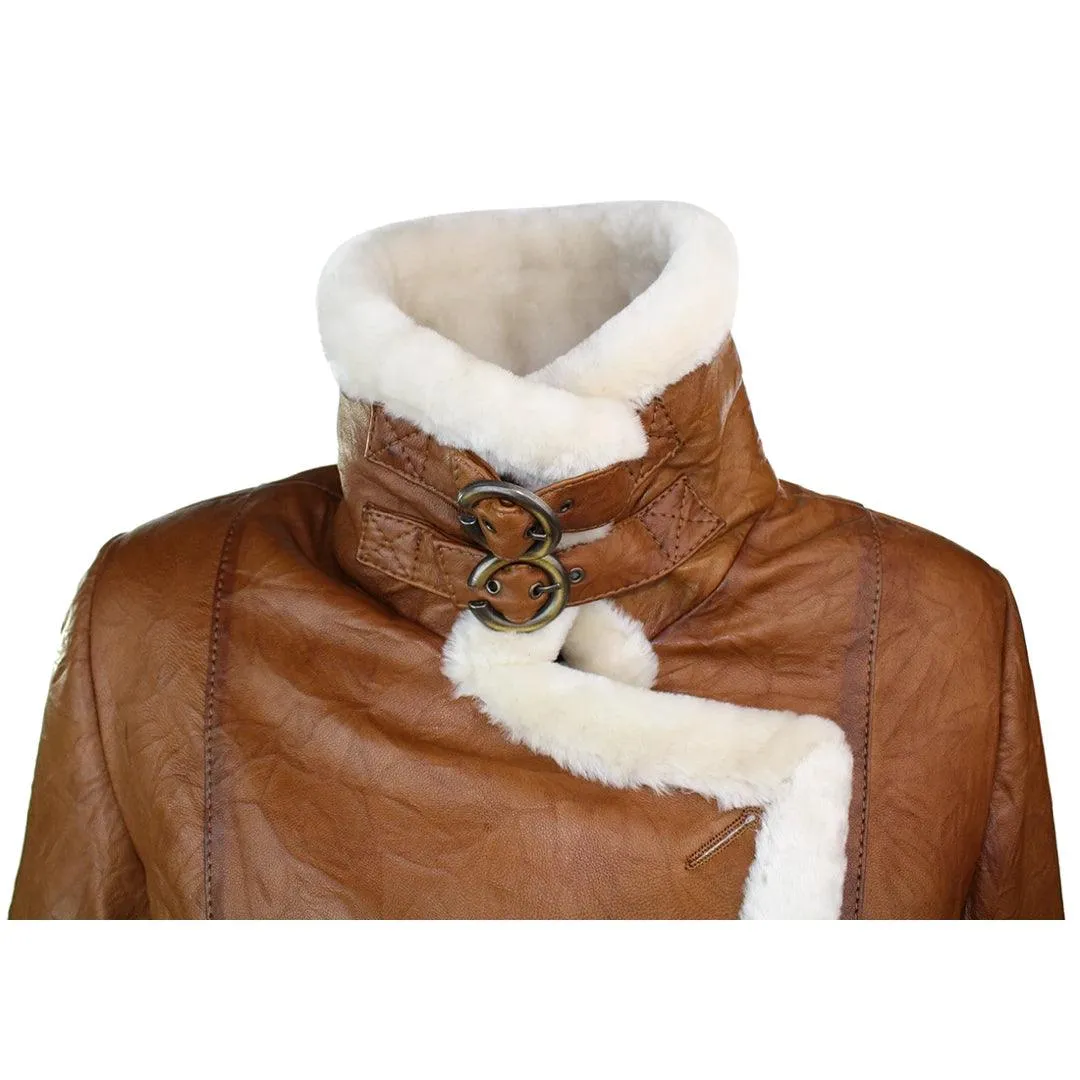 Ladies Women Real Shearling Sheepskin Aviator Tan Brown Leather Jacket