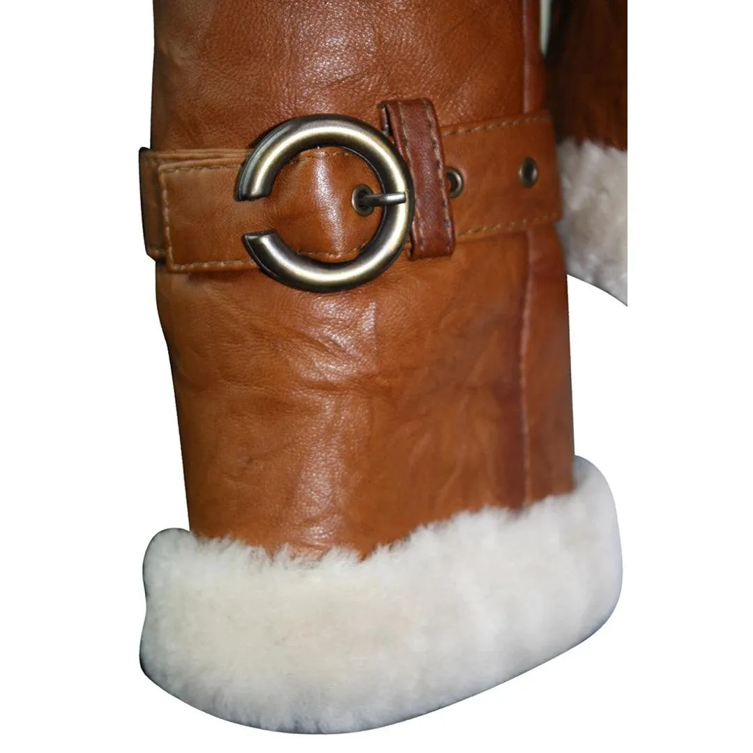 Ladies Women Real Shearling Sheepskin Aviator Tan Brown Leather Jacket