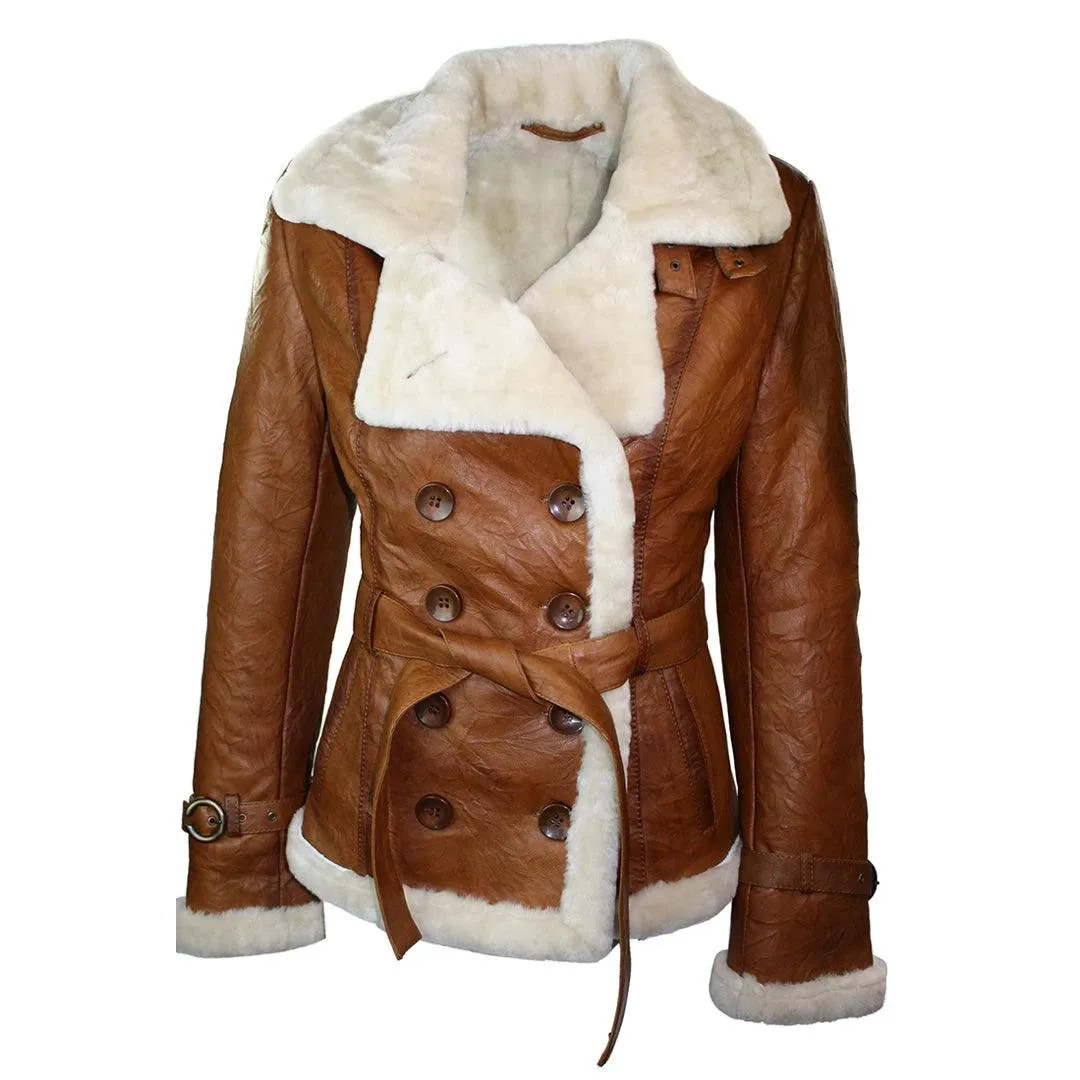 Ladies Women Real Shearling Sheepskin Aviator Tan Brown Leather Jacket