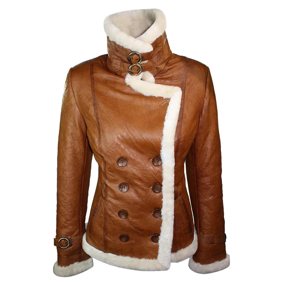 Ladies Women Real Shearling Sheepskin Aviator Tan Brown Leather Jacket