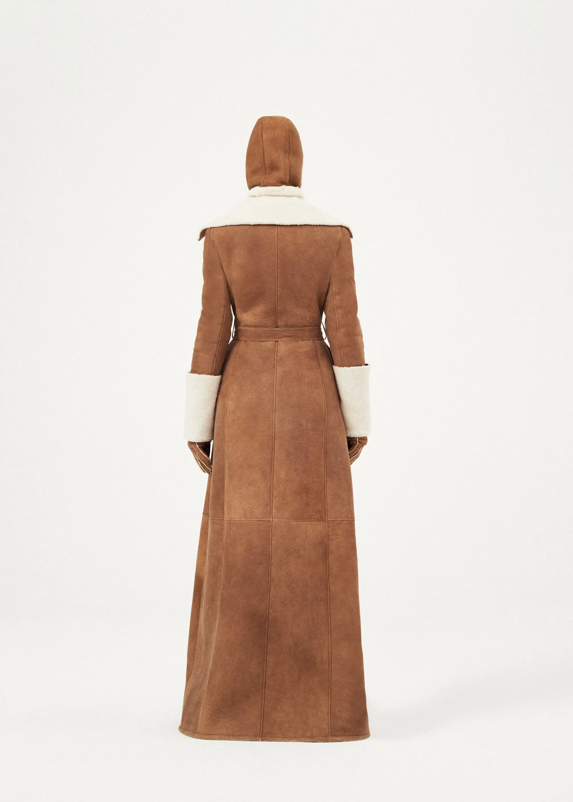 Long shearling belted coat in beige