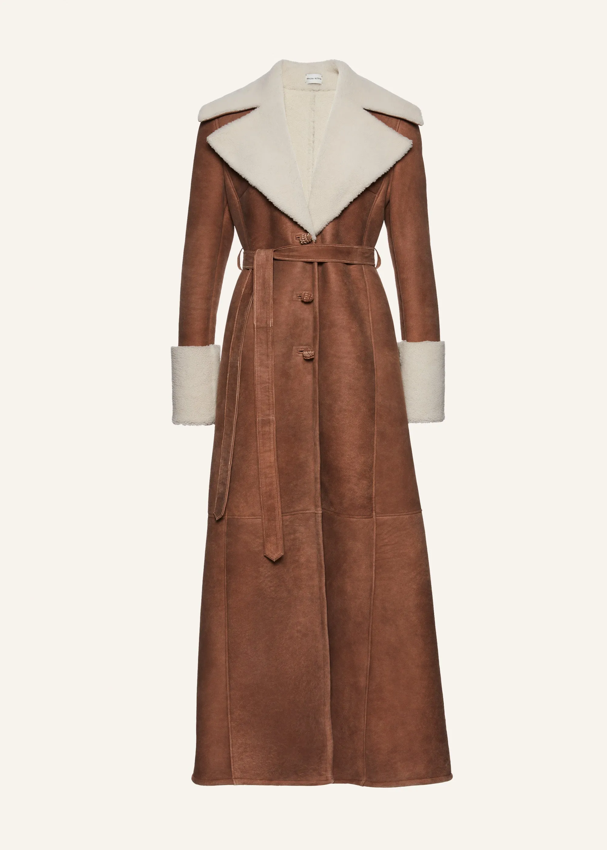 Long shearling belted coat in beige