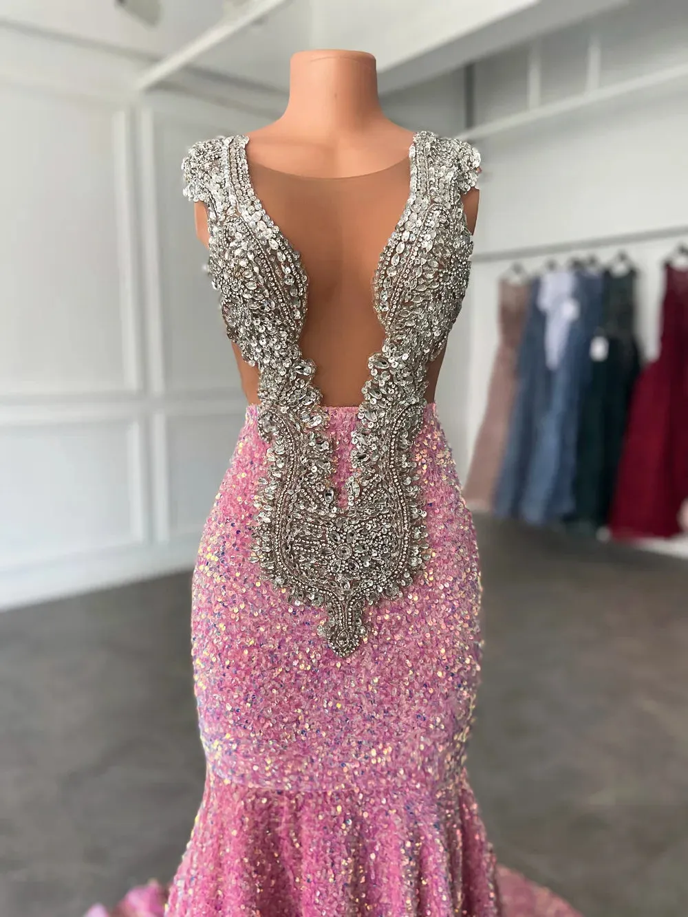 Luxury Long Prom Dresses Sexy Mermaid Sparkly Pink Sequin Black Girls Crystals Evening Formal Gala Party Gowns Robe De Soiree Vestido BC15439