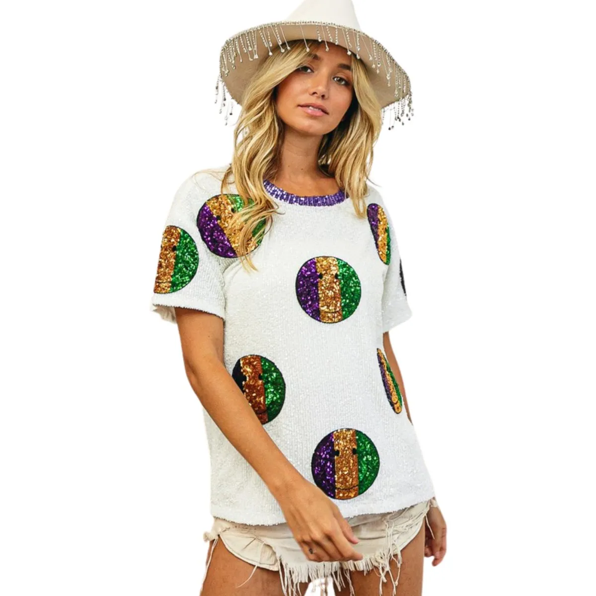 Mardi Gras White Sequin Smiley Patches Sequin Top