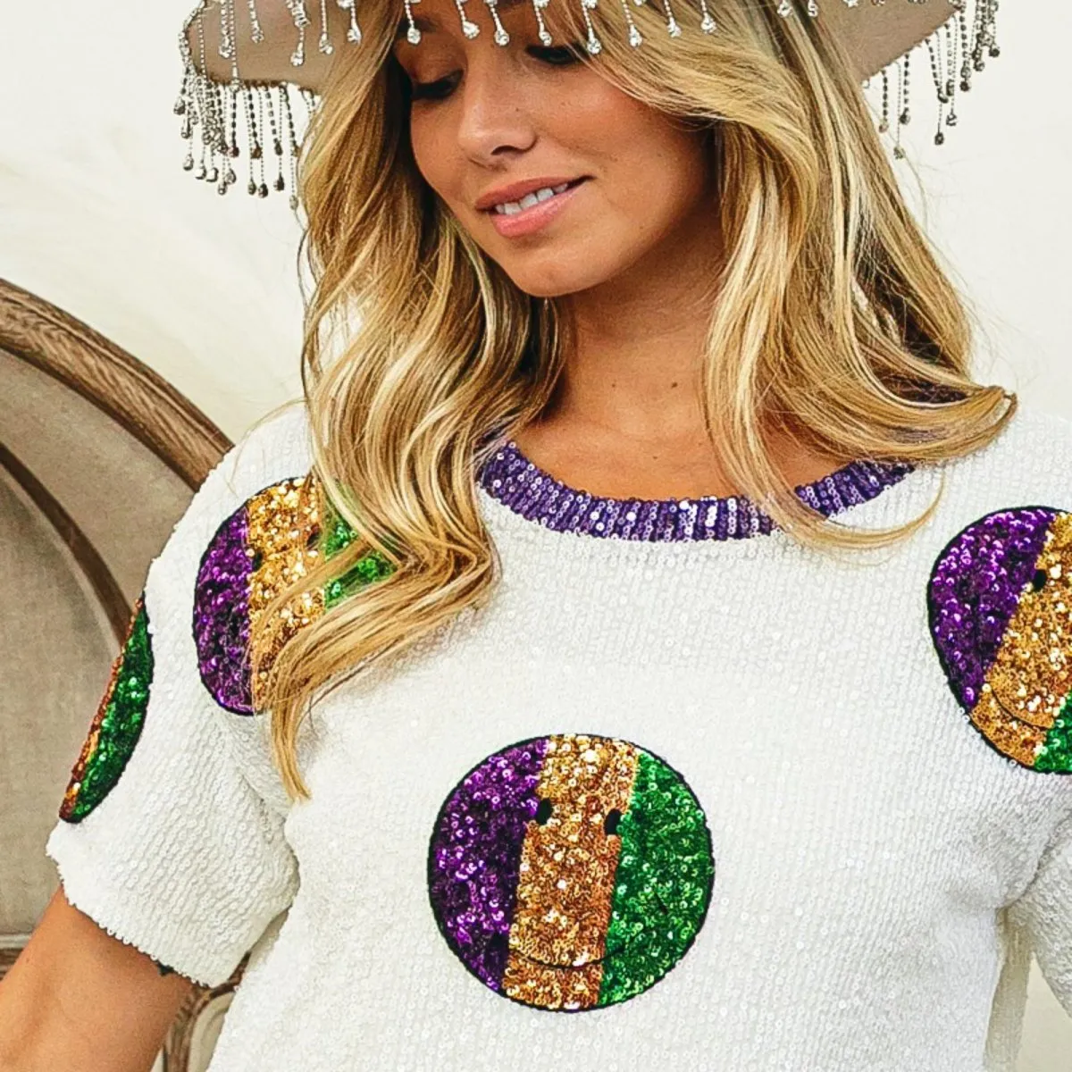 Mardi Gras White Sequin Smiley Patches Sequin Top