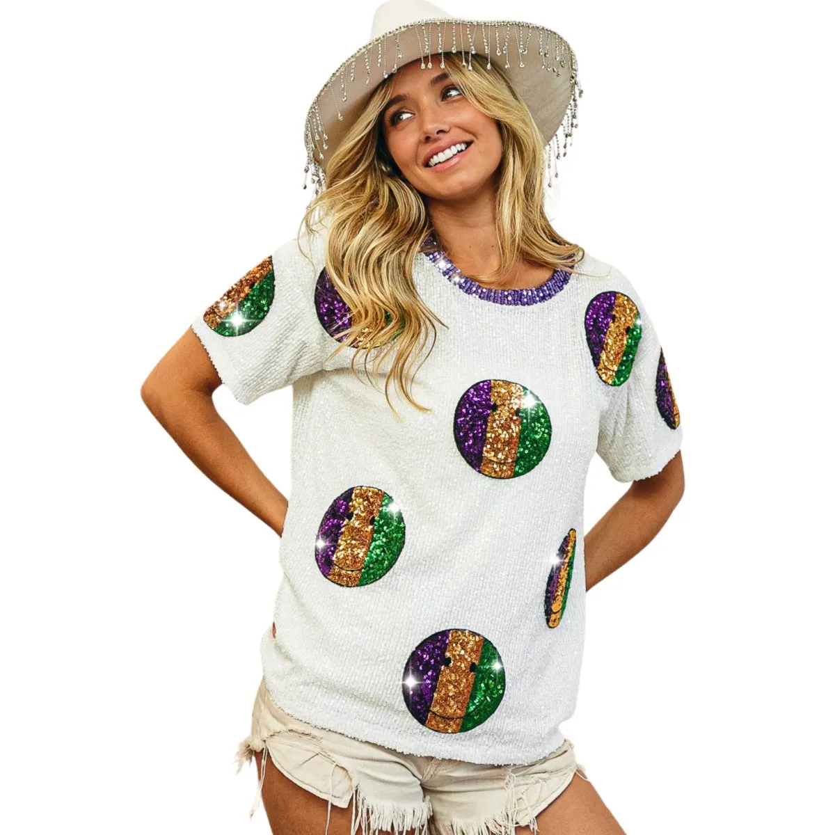 Mardi Gras White Sequin Smiley Patches Sequin Top