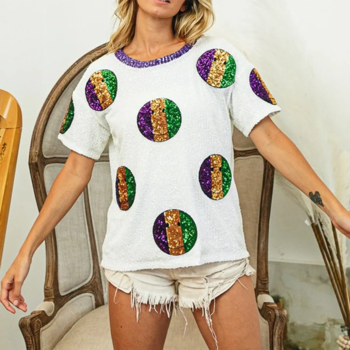 Mardi Gras White Sequin Smiley Patches Sequin Top