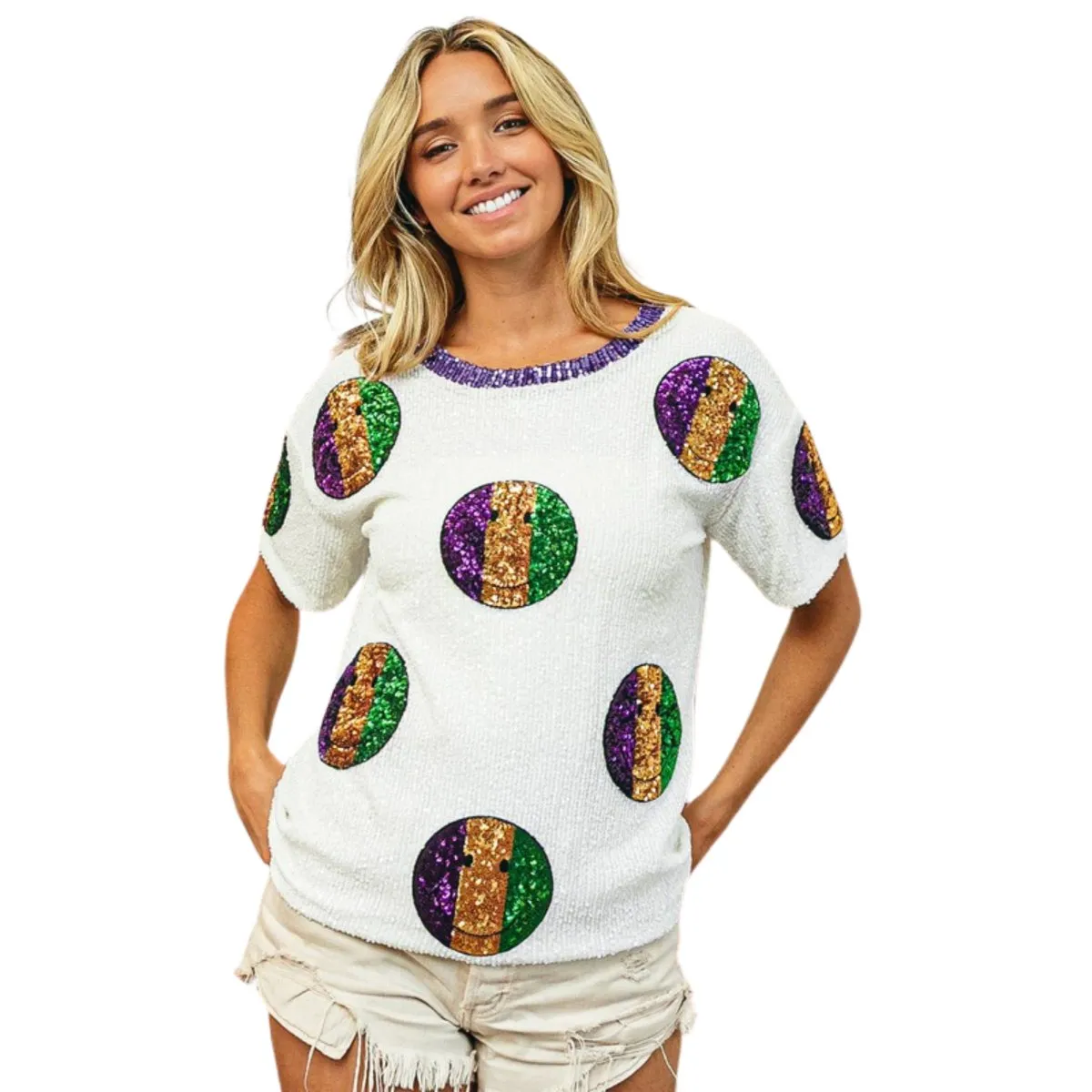 Mardi Gras White Sequin Smiley Patches Sequin Top