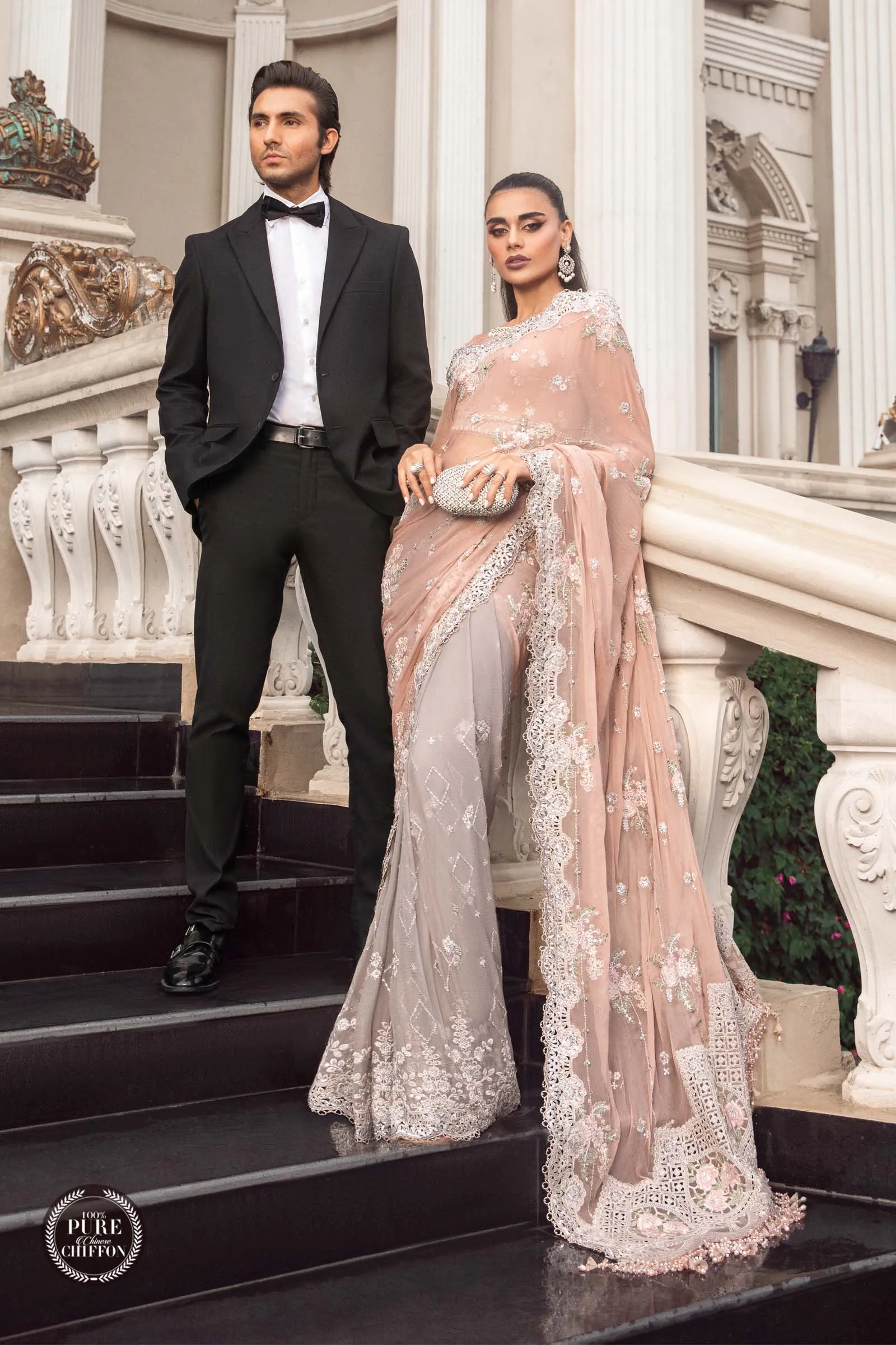 MARIA.B Luxury Chiffon Wedding Formals – MPC-23-105 Peach And Grey