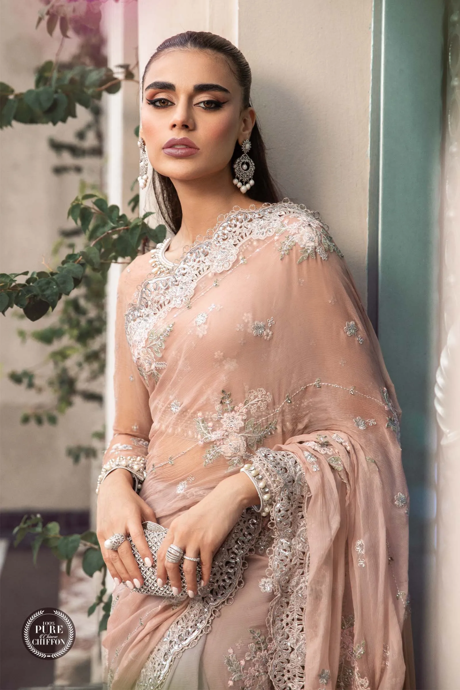 MARIA.B Luxury Chiffon Wedding Formals – MPC-23-105 Peach And Grey