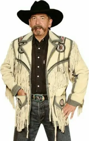 Men American Native Western Cowboy Real Leather Jacket Fringed & Beaded White Beige Leather Western Jacket Coat Country Side