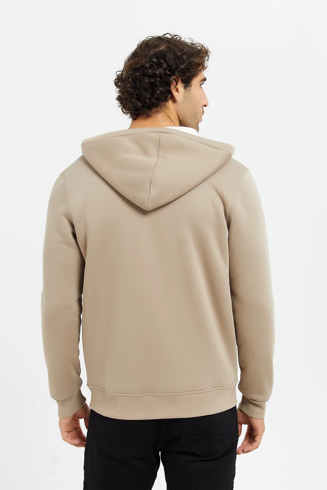 Men Beige Faux Fur Hooded Zipper Sweatshirt