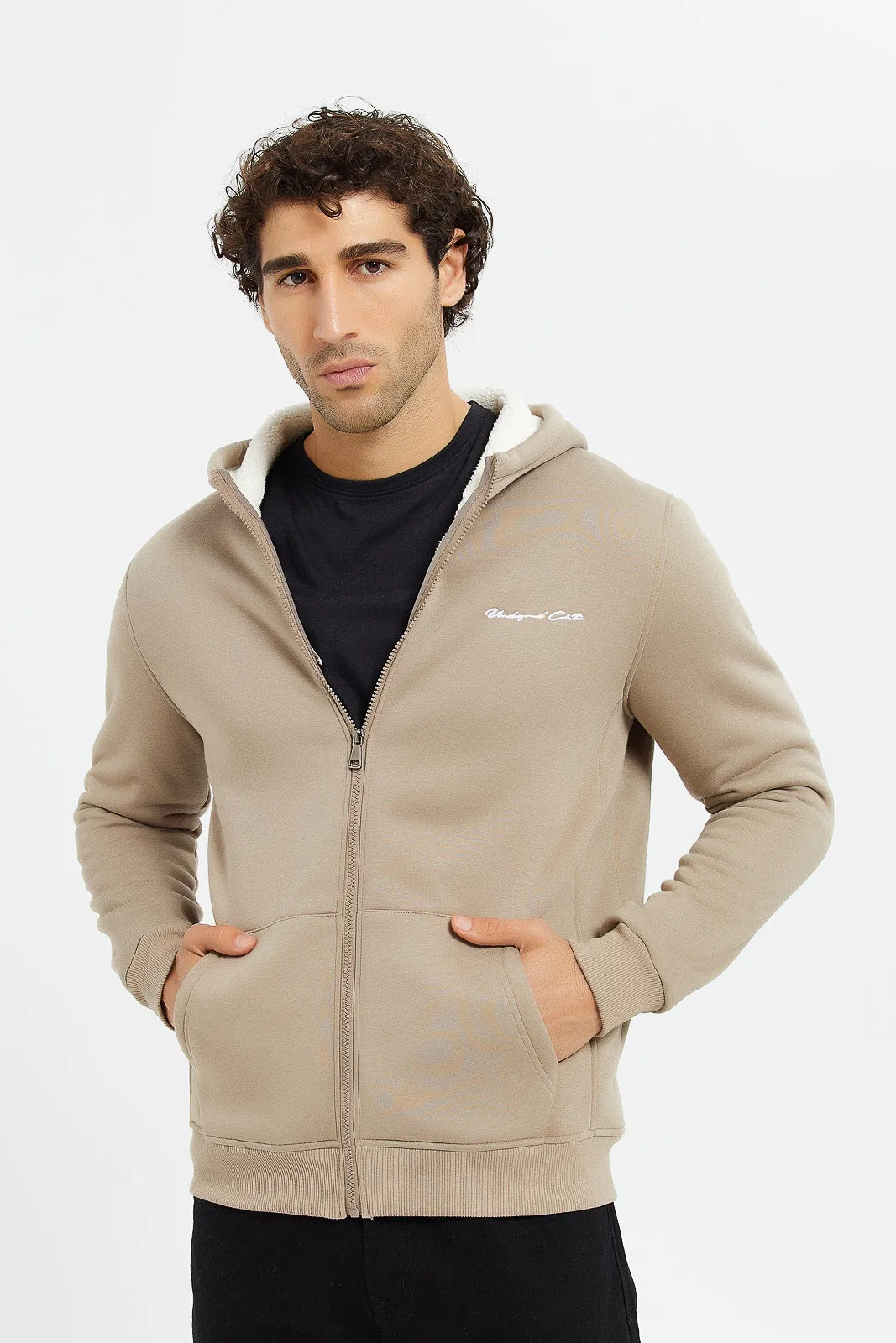 Men Beige Faux Fur Hooded Zipper Sweatshirt