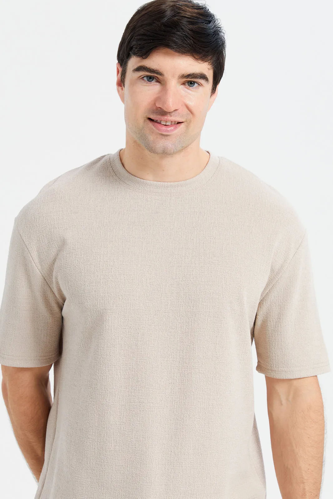 Men Beige Oversize Textured T-Shirt