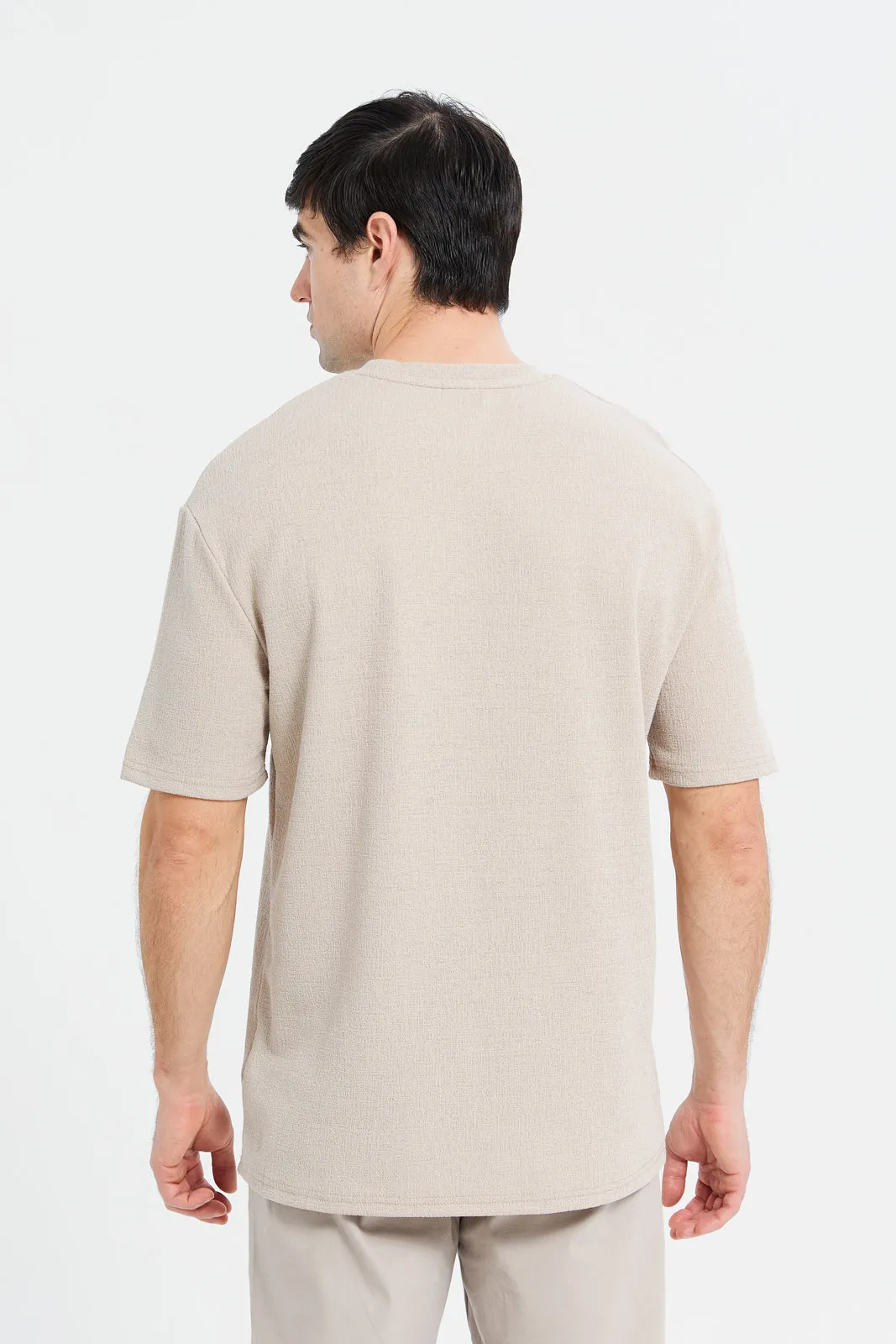 Men Beige Oversize Textured T-Shirt