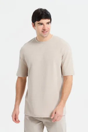 Men Beige Oversize Textured T-Shirt