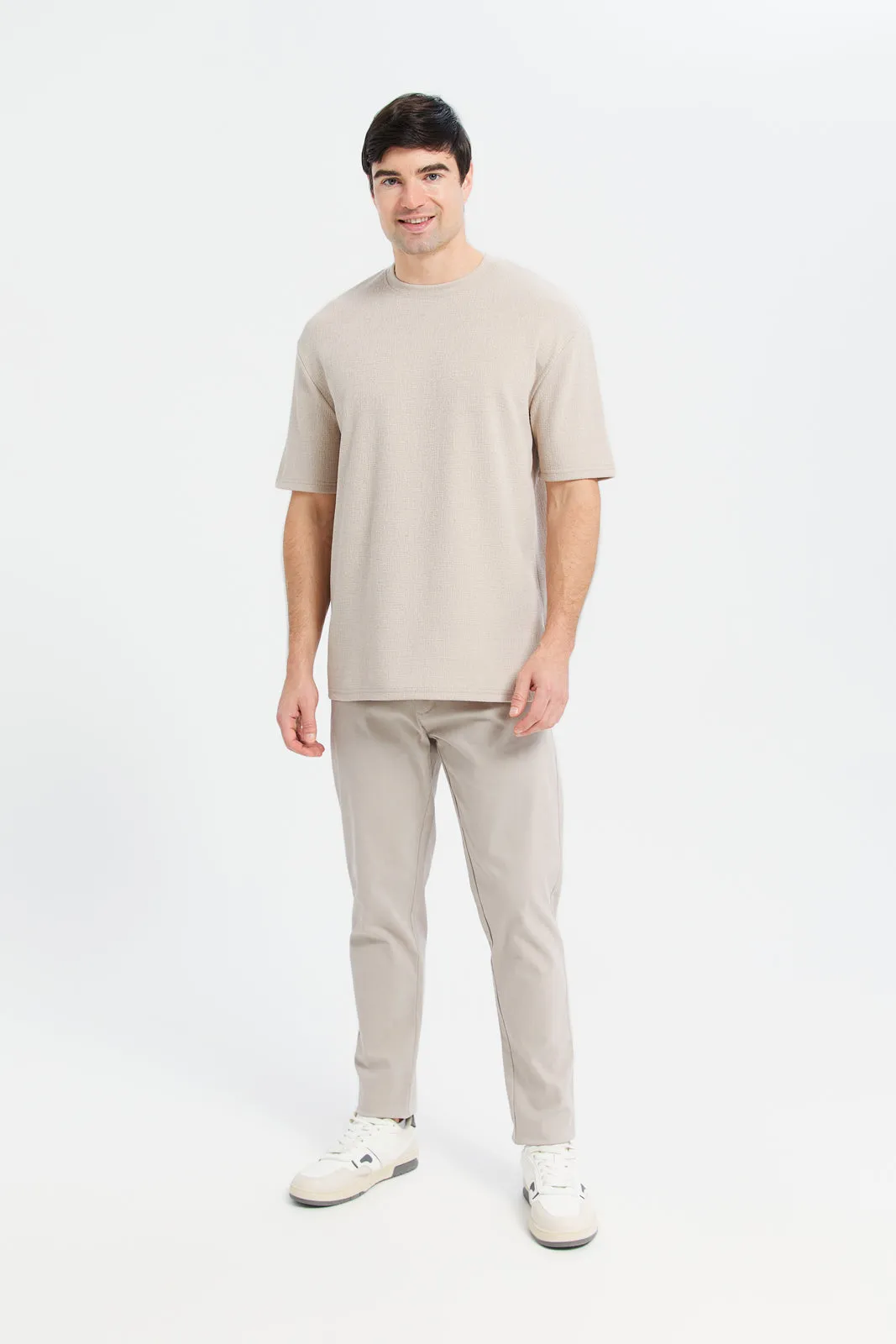 Men Beige Oversize Textured T-Shirt