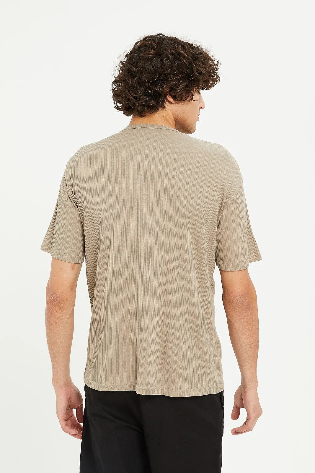 Men Beige Stretch Jacquard T-Shirt