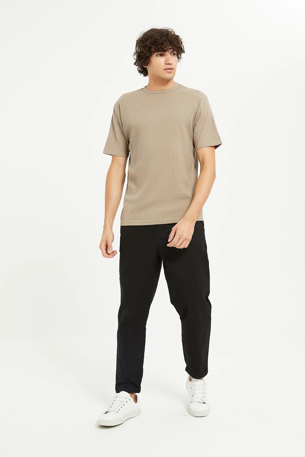 Men Beige Stretch Jacquard T-Shirt