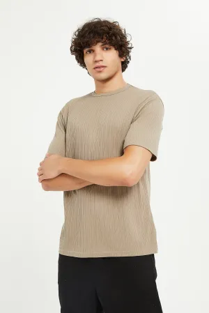 Men Beige Stretch Jacquard T-Shirt