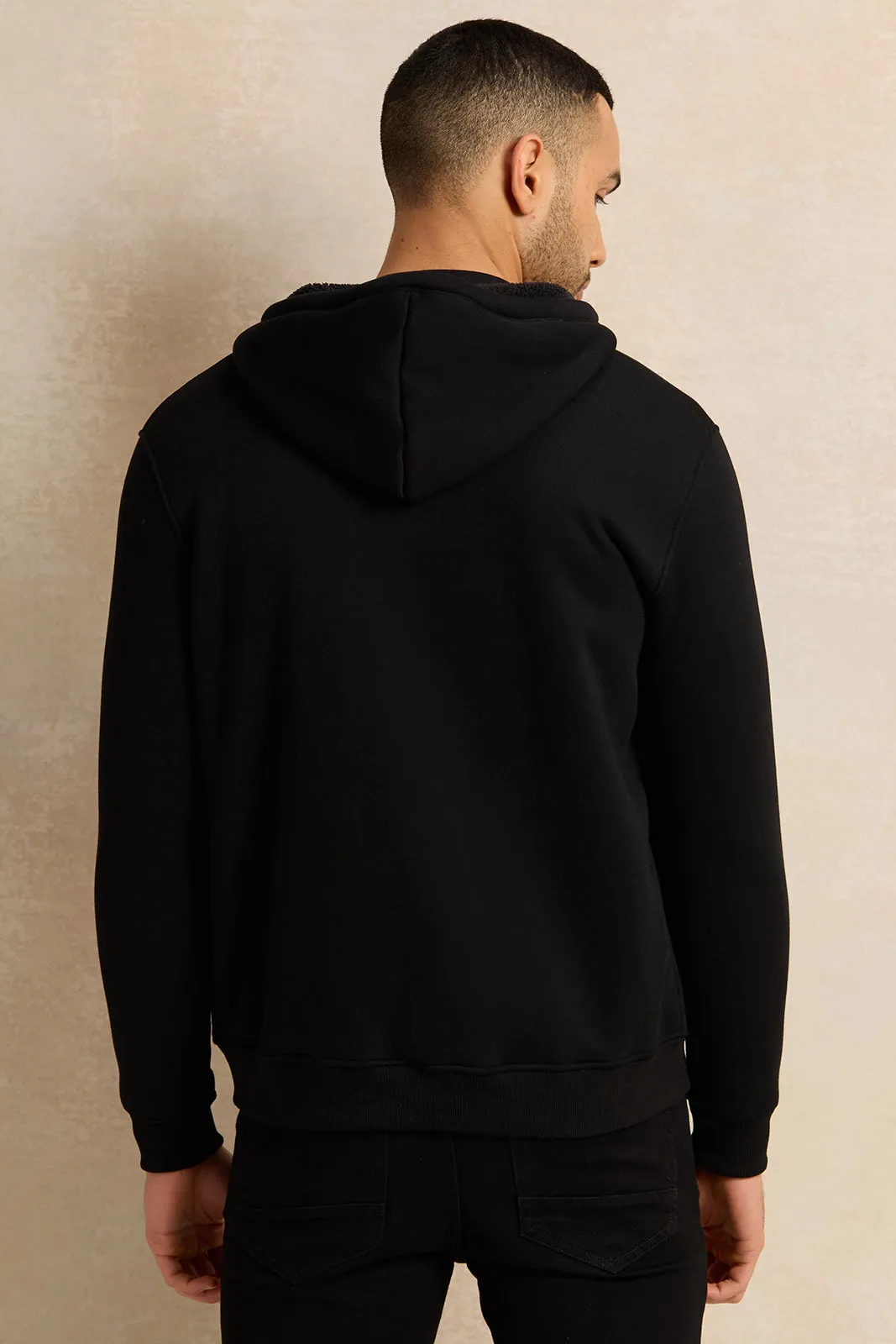 Men Black Faux Fur Hoodie