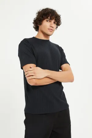 Men Black Stretch Jacquard T-Shirt