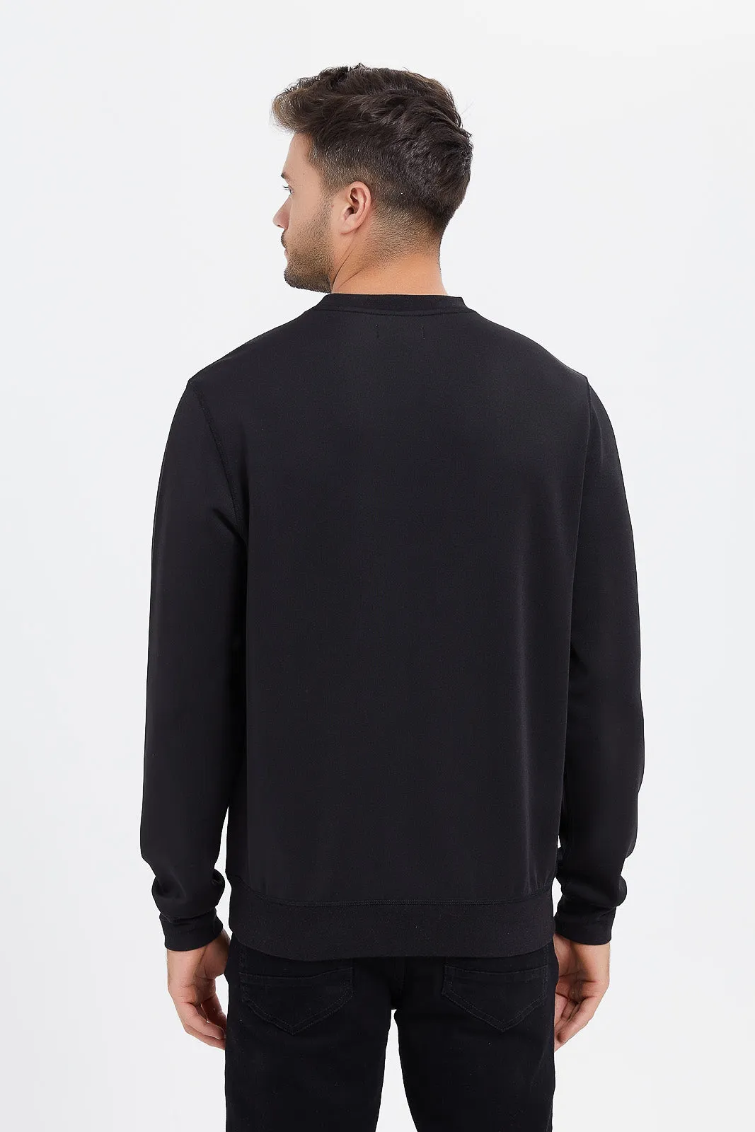 Men Black Sweatshirt With Flock Applique